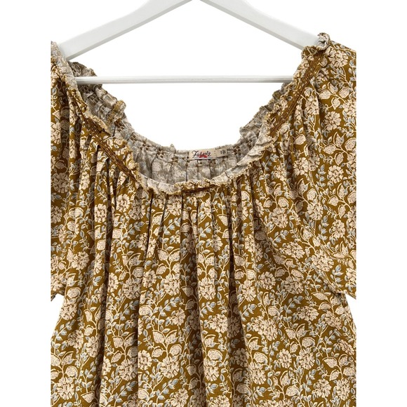 Faherty Blouse Womens Small Brown Floral Linen Blend Boho Peasant Ruffle Smocked - Picture 3 of 10